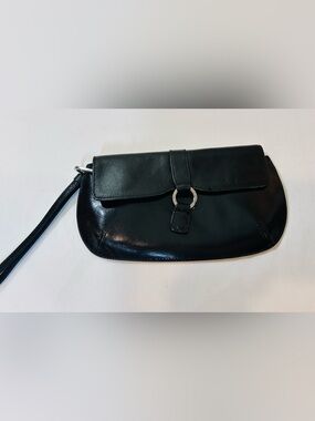 Vintage Monsac Original Black Leather Wristlet Clutch Front Clasp EUC